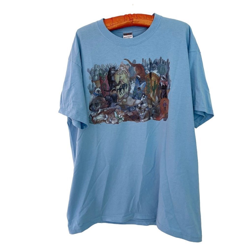 Jerzees Womens T Shirt Blue Size XL Cat Cowboy Theme Tee Short Sleeve Crewneck